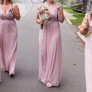 DavidsBridal Long Mesh Dress with Lace Cap Sleeves